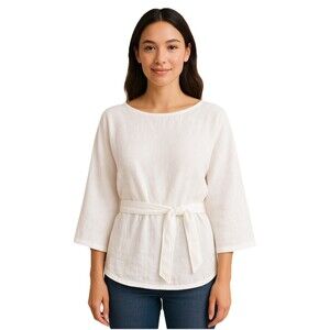 Talbots 100% Linen Dolman Sleeve Boatneck Tie Waist Blouse Size 10 White